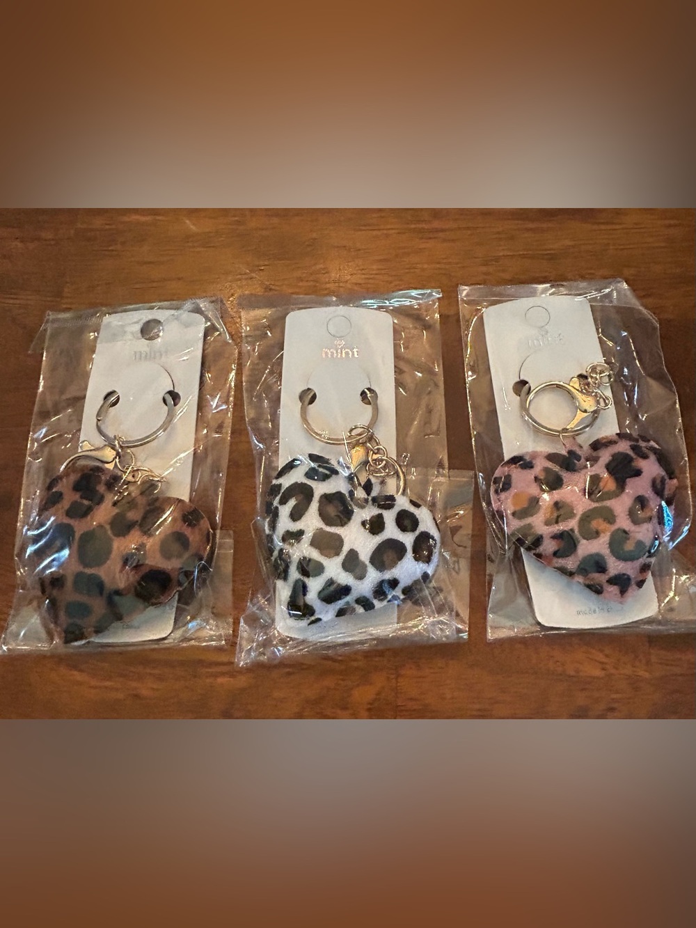 Mint Set of Three Leopard Heart Keychain Bag Charm Brown, White, Pink Brand New